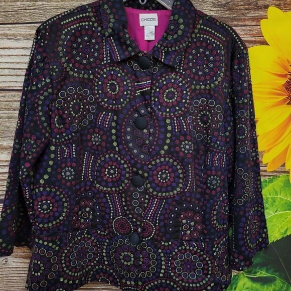 Chico's black with multicolored circles Size 2 Pre-owned - Picture 1 of 6